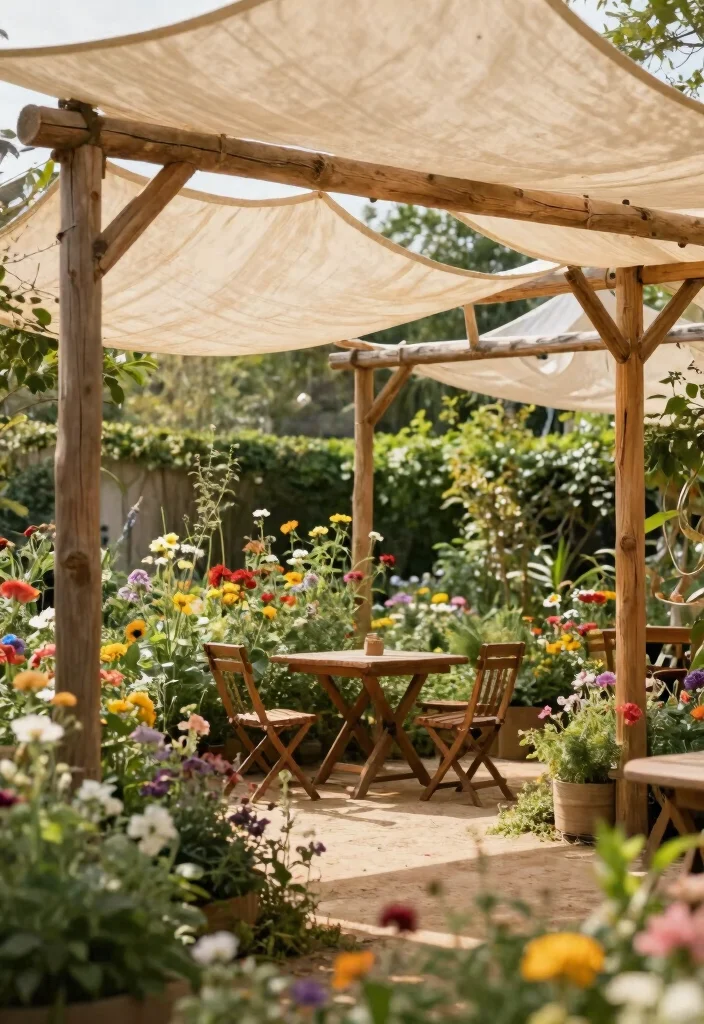 21 Stunning Sun Shade Canopy Ideas to Cool Down Your Yard 7. Rustic Wooden Frames with Fabric Sails