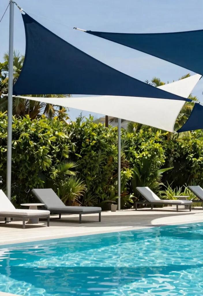 11 Creative Sun Sail Shade Ideas Over Pool (UV Protection) 1 11 Creative Sun Sail Shade Ideas Over Pool UV Protection 1. Geometric Modern Elegance 0