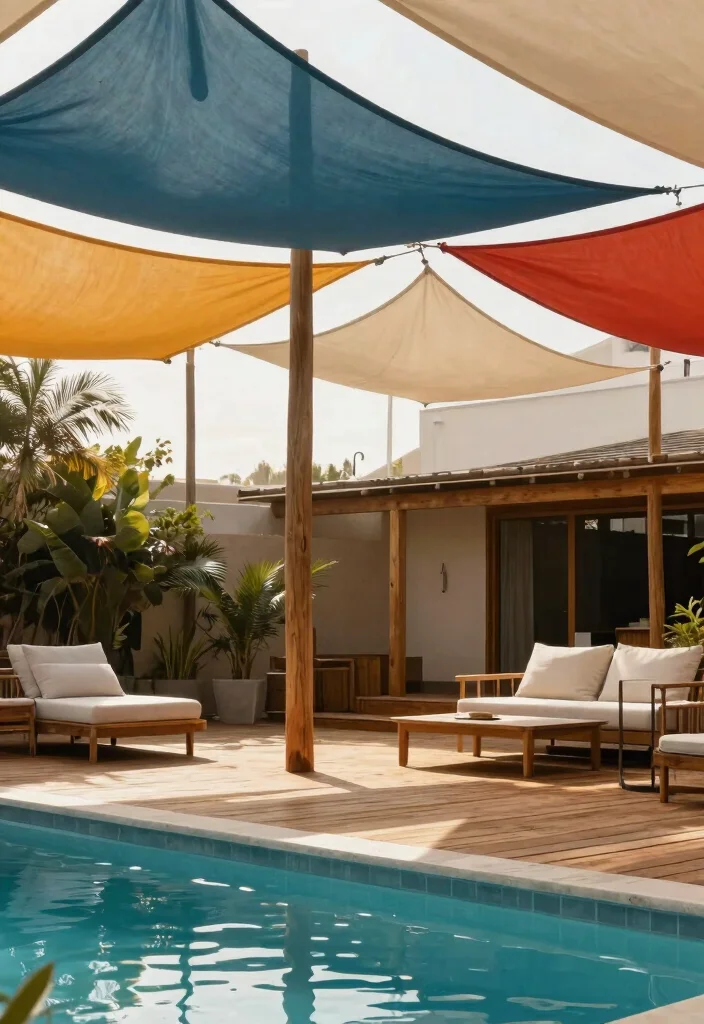 11 Creative Sun Sail Shade Ideas Over Pool (UV Protection) 10 11 Creative Sun Sail Shade Ideas Over Pool UV Protection 10. Mixed Materials Magic 0