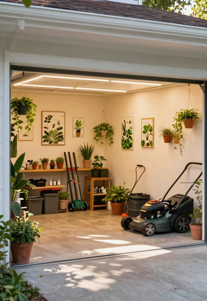 11 Garage Organization Ideas Lawn Mower Space Savers 11. Lighting and Decor 0