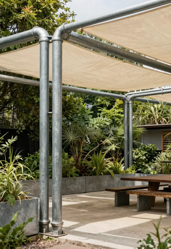 11 Heavy Duty Shade Sail Pole Ideas No Sagging 10. Metal Pipe Structures for Industrial Chic 0