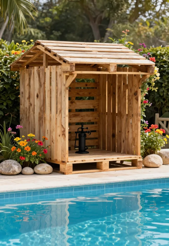 11 Rustic Pallet Pool Filter Cover Ideas Cheap DIY 1. Classic Pallet Hut 0