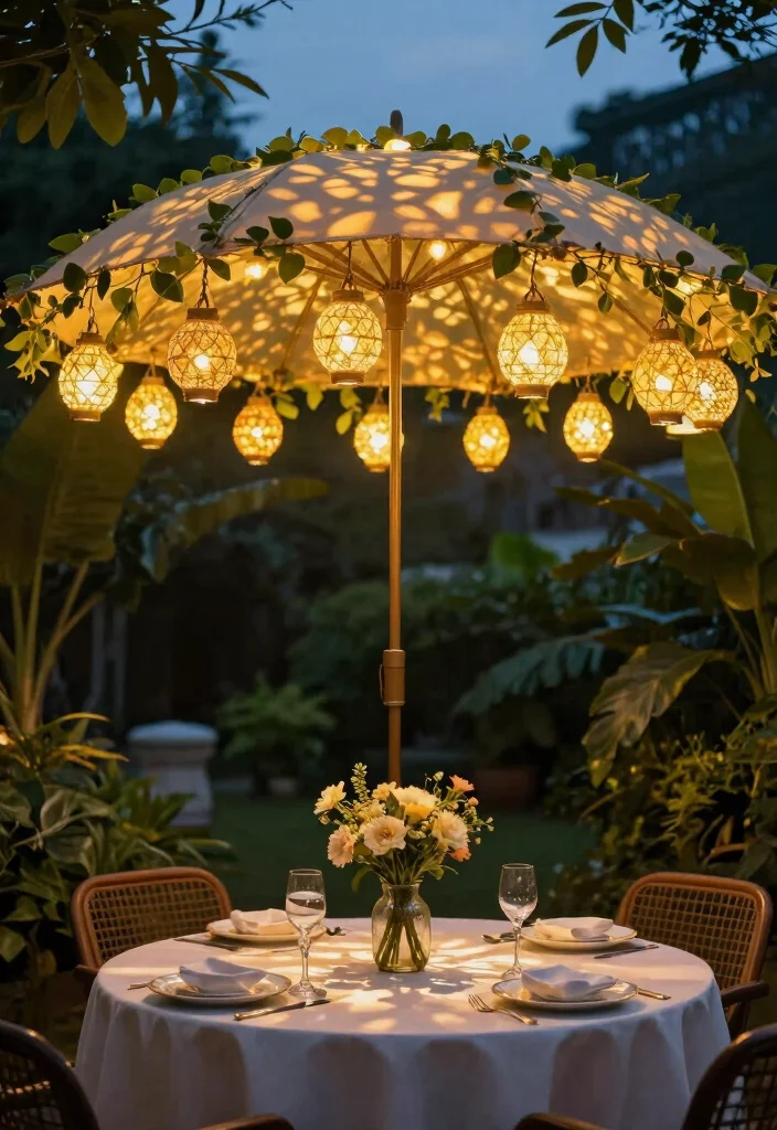 13 Brilliant Patio Umbrella Lights Ideas for Evening Meals 2. Lantern Style Umbrella Lights 0