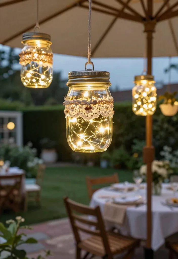 13 Brilliant Patio Umbrella Lights Ideas for Evening Meals 4. Rustic Mason Jar Lights 0