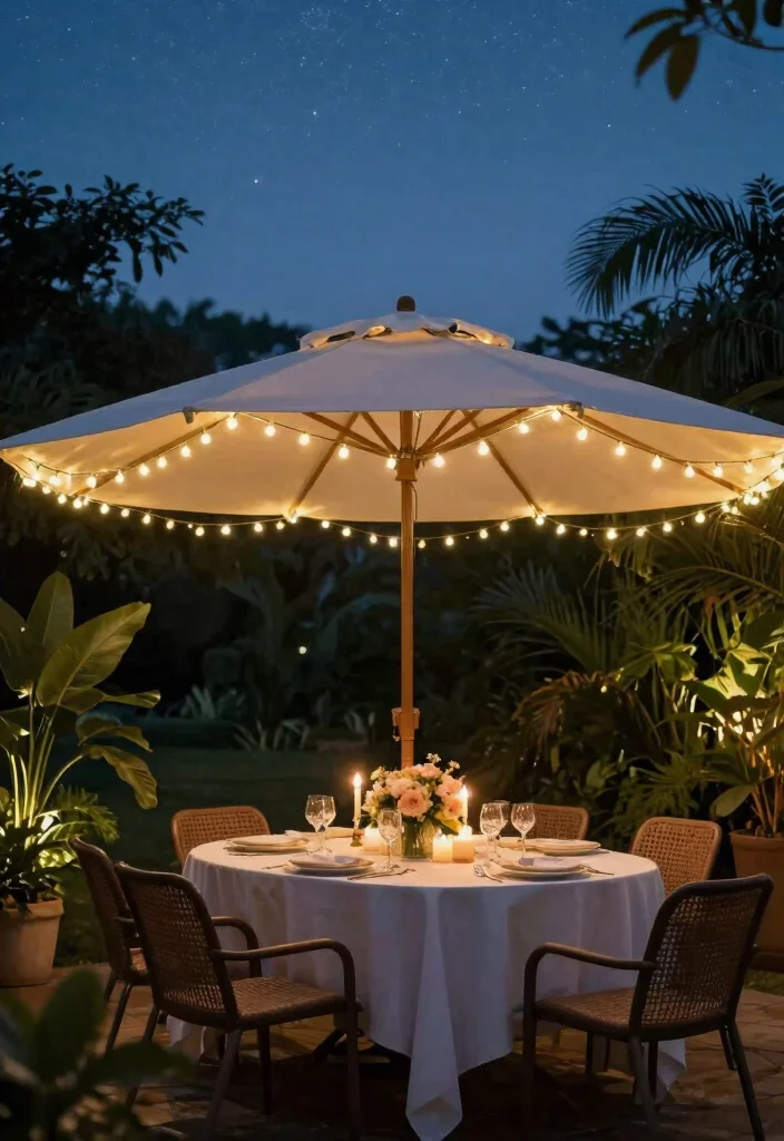 13 Brilliant Patio Umbrella Lights Ideas for Evening Meals 5. Chic String Lights 0