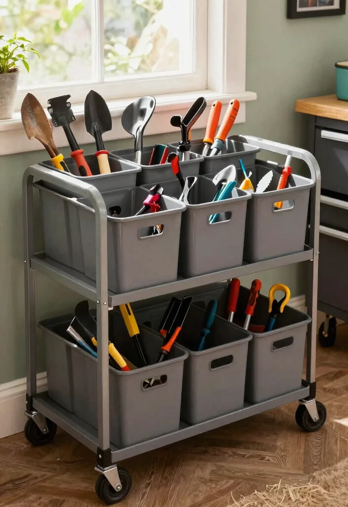 13 Clever Lawn Mower Storage Ideas for Small Sheds 10. Tool Bins on Wheels 0