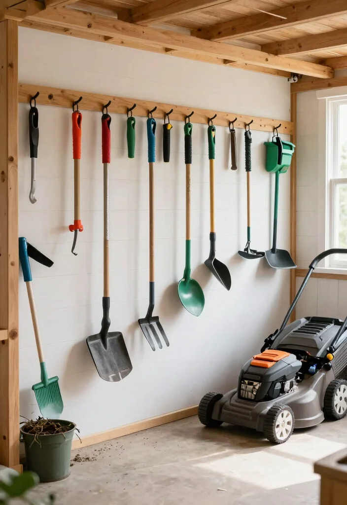 13 Clever Lawn Mower Storage Ideas for Small Sheds 12. Tool Hooks and Racks 0