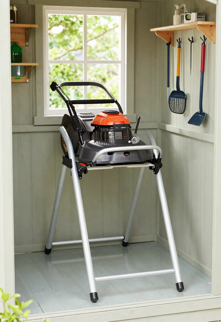 13 Clever Lawn Mower Storage Ideas for Small Sheds 7. Foldable Lawn Mower Stand 0