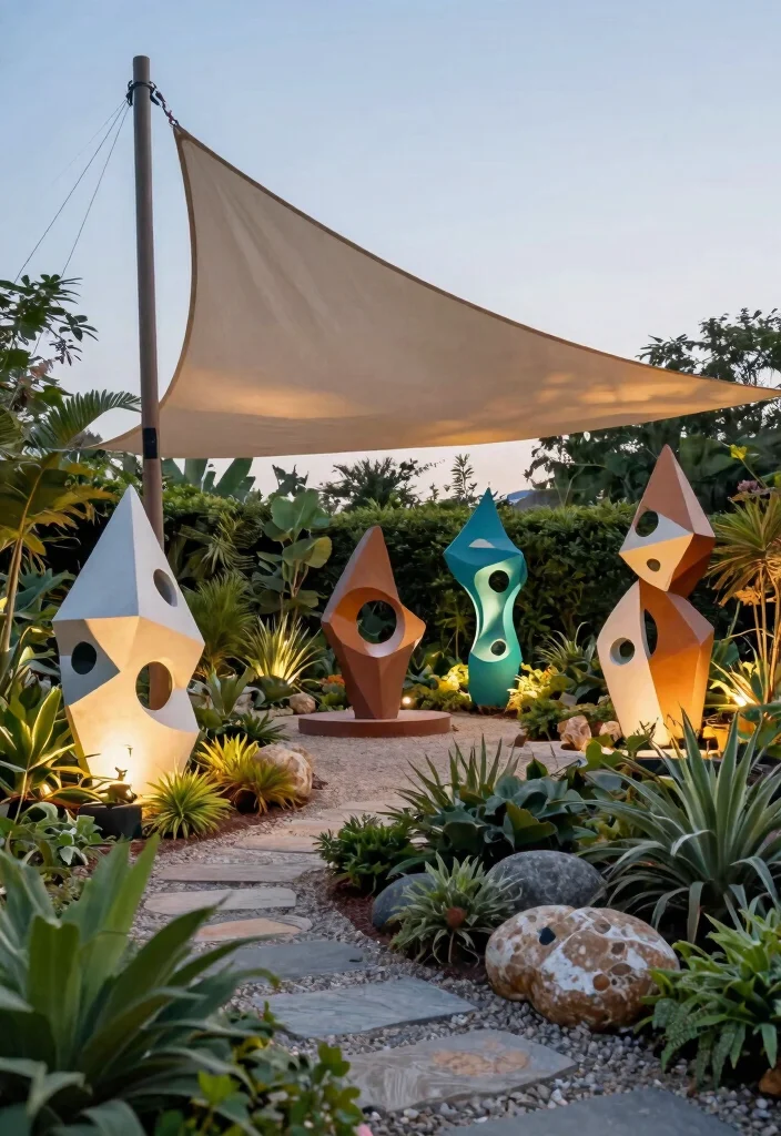 13 Modern Triangle Sun Sail Shade Ideas Geometric Vibe 9. Artistic Sculpture Integration 0