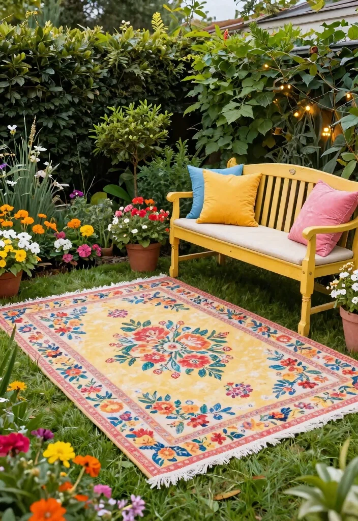 15 Beautiful Outdoor Rug Display Inspiration Photos 3. Colorful Garden Nook 0