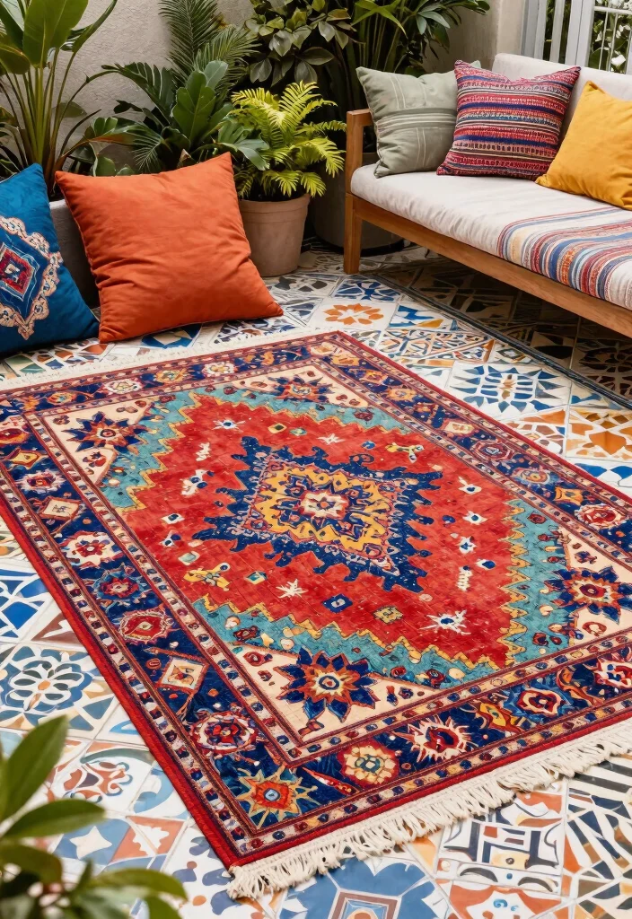 15 Beautiful Outdoor Rug Display Inspiration Photos 5. Vibrant Tiles Meets Textiles 0