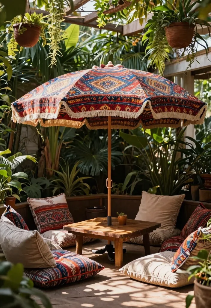 15 Beautiful Shade Umbrella Patio Ideas for Cozy Nooks 1 15 Beautiful Shade Umbrella Patio Ideas for Cozy Nooks 1. The Bohemian Breeze 0