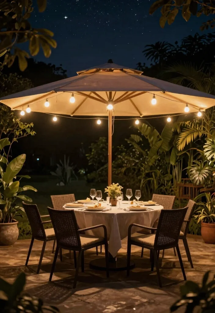 15 Breathtaking Nighttime Landscape Lighting Ideas 13. Solar Umbrella Lights Dining Under the Stars 0
