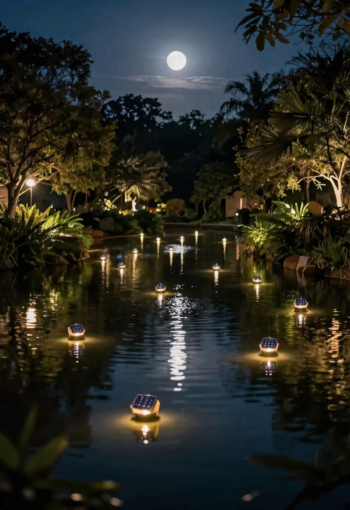 15 Breathtaking Nighttime Landscape Lighting Ideas 14. Solar Pond Lights Creating a Magical Water Feature 0