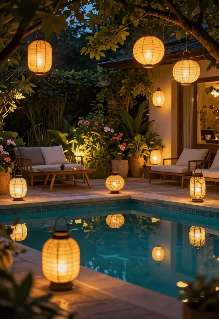 15 Dreamy Pool Landscape Lighting Ideas for Night Swims 7 15 Dreamy Pool Landscape Lighting Ideas for Night Swims 7. Lanterns for a Cozy Atmosphere 0