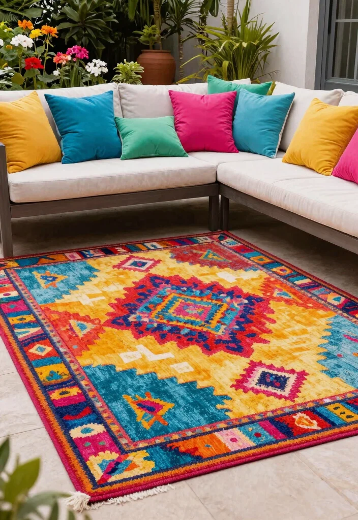 15 Pro Outdoor Rug Styling Ideas for a Designer Yard 7 15 Pro Outdoor Rug Styling Ideas for a Designer Yard 7. Play with Color Combinations 0
