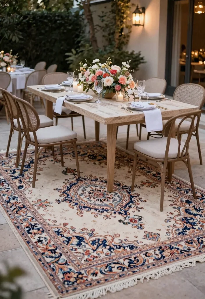 15 Stunning Outdoor Rug Inspiration Photos for Patios 11. Garden Party Glam 0