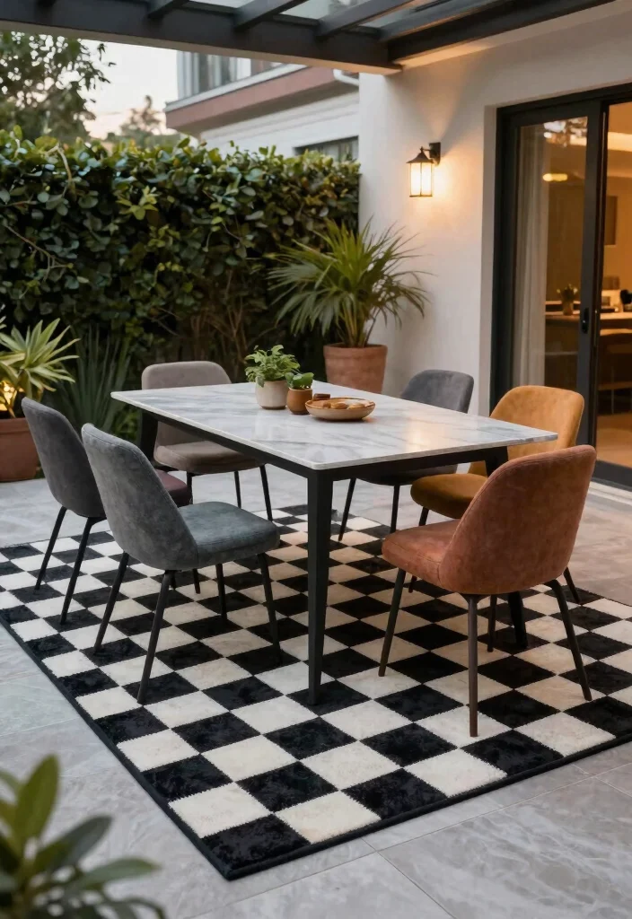 21 Stylish Outdoor Rug Ideas to Cozy Up Your Patio 13. Classic Checkerboard Designs 0