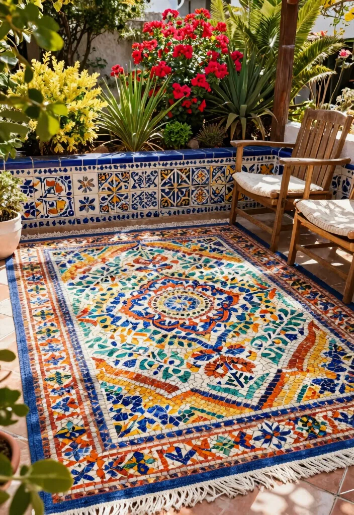 21 Stylish Outdoor Rug Ideas to Cozy Up Your Patio 15. Mediterranean Mosaic Patterns 0
