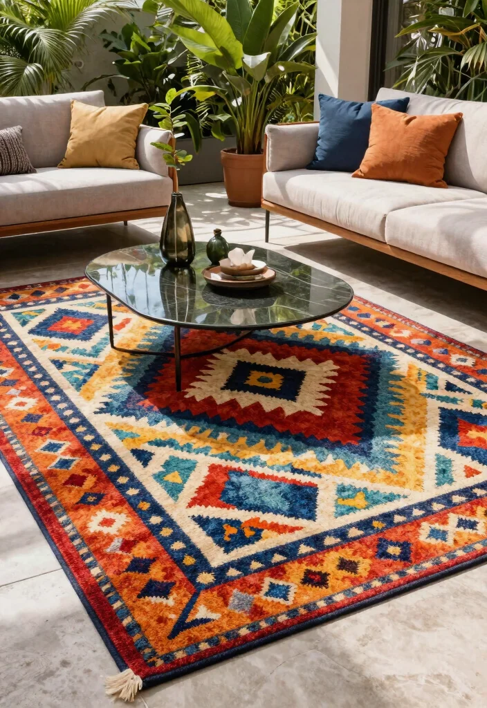21 Stylish Outdoor Rug Ideas to Cozy Up Your Patio 2. Bold Geometric Patterns 0