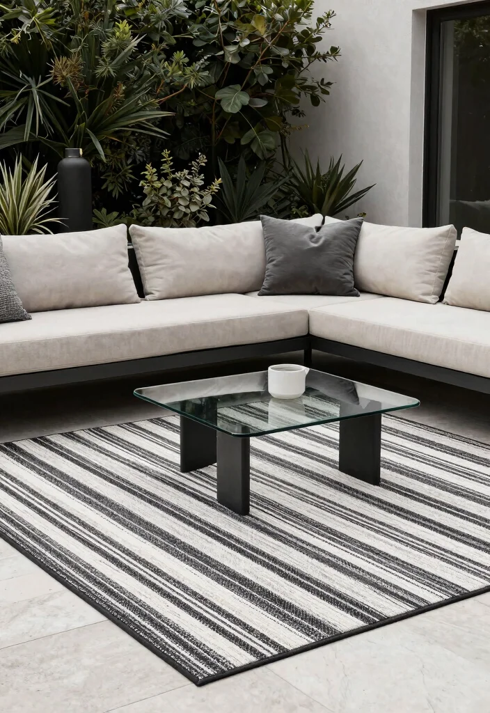 21 Stylish Outdoor Rug Ideas to Cozy Up Your Patio 7. Monochrome Minimalism 0