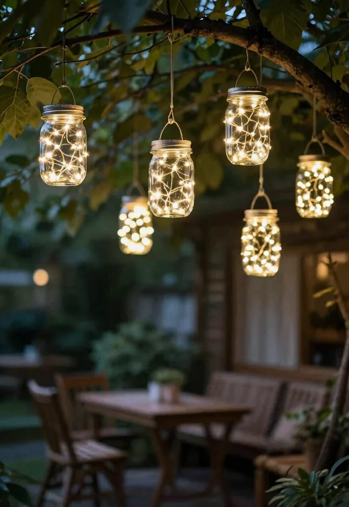 25 Dreamy Patio Lights String Ideas for Summer Nights 5. Hanging Mason Jar Lights 0