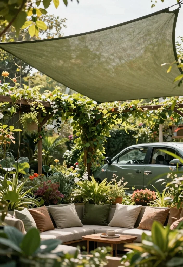 7 Clever Shade Sail Carport Ideas to Protect Your Car 3. Garden Integrated Shade Sail 0