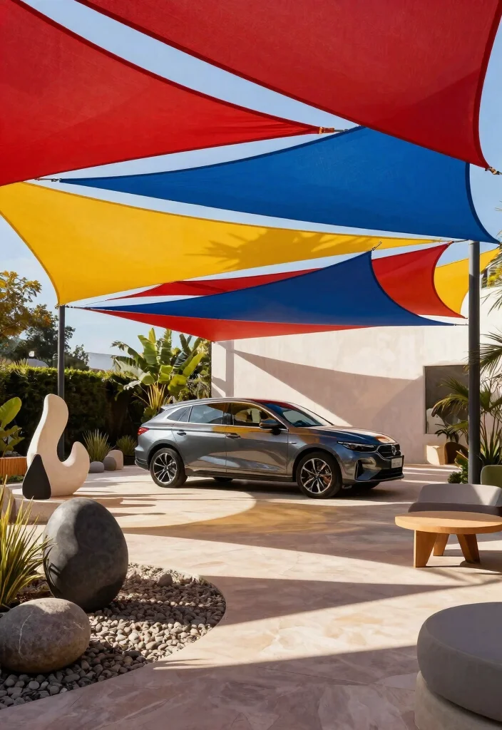 7 Clever Shade Sail Carport Ideas to Protect Your Car 4. Artistic Geometric Shapes 0