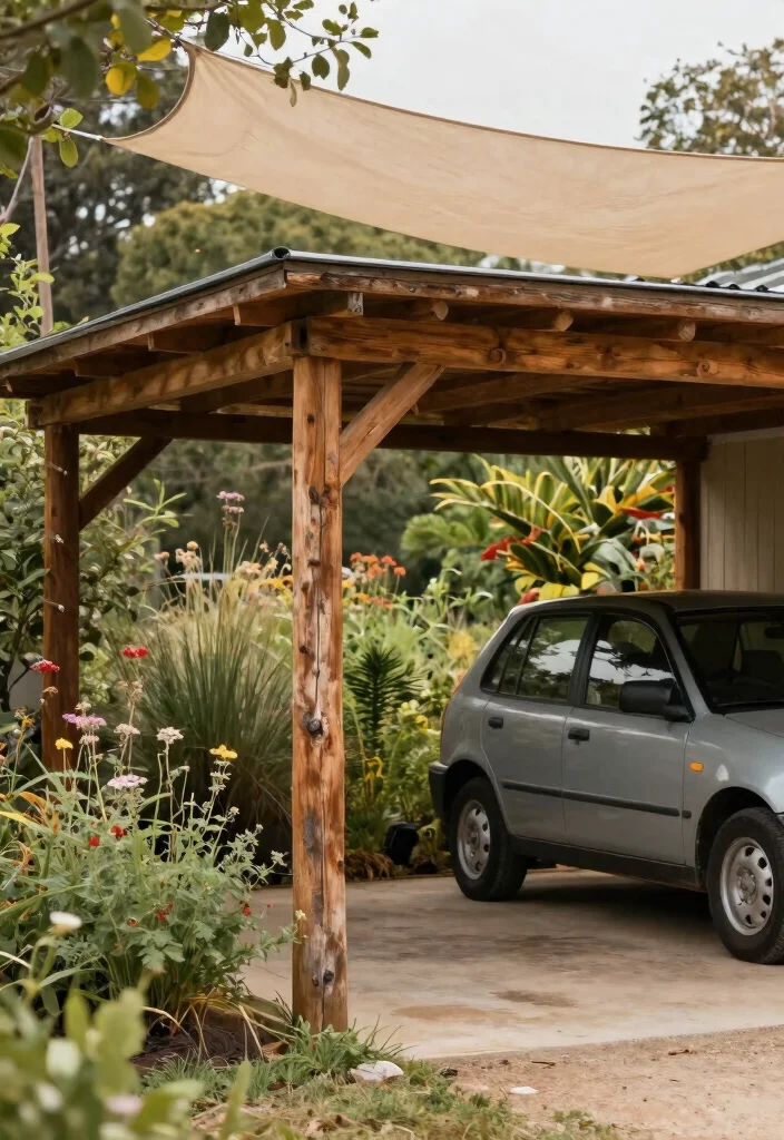 7 Clever Shade Sail Carport Ideas to Protect Your Car 6. Rustic Wood and Shade Sail Combo 0