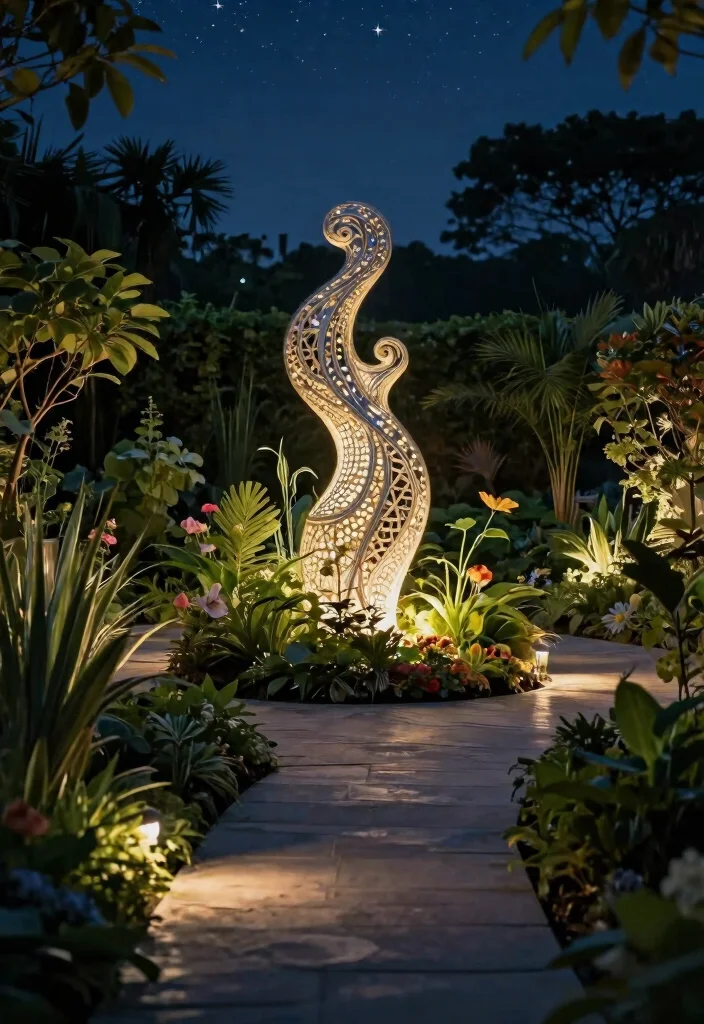 9 Elegant Landscape Lighting Ideas for Walkways and Paths 7. Artistic Garden Sculptures with Lighting 0