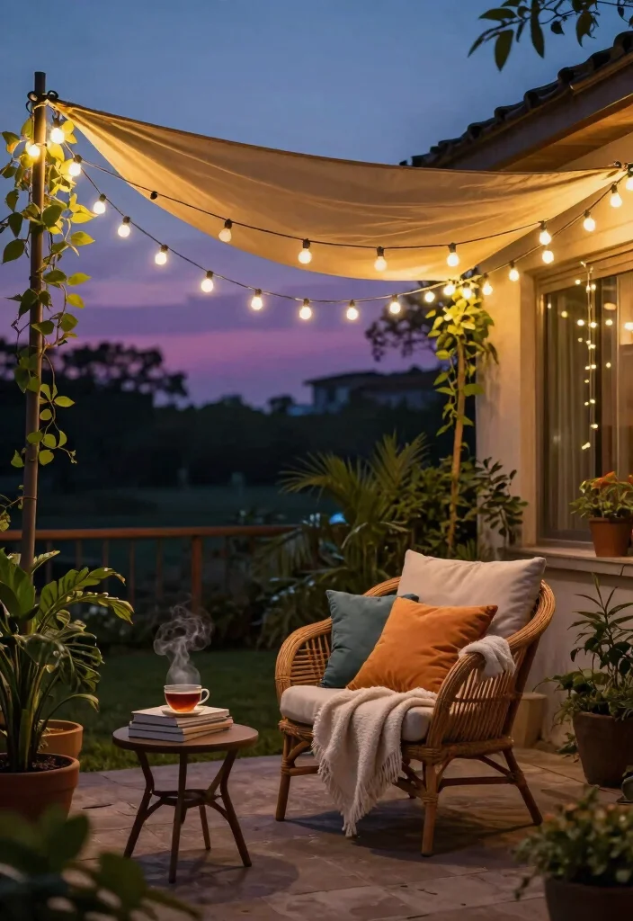 9 Genius Sun Sail Shade Ideas for Your Patio with Lights 1. Cozy Corner with Twinkling Fairy Lights 0