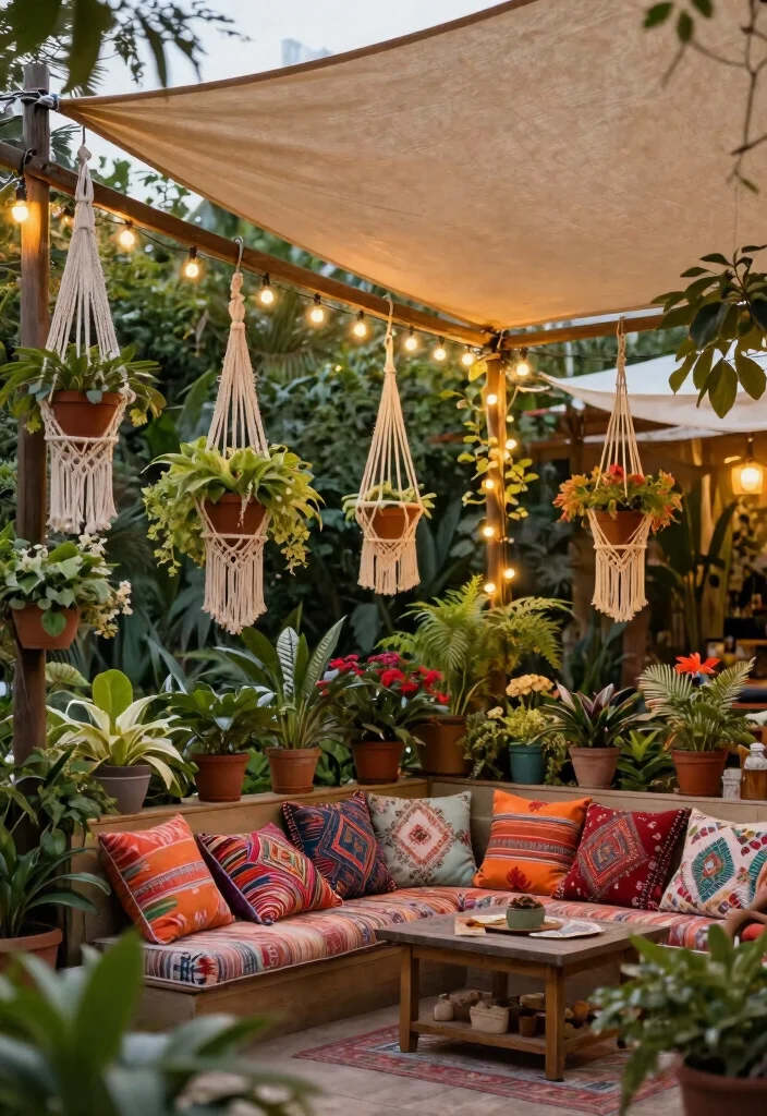 9 Genius Sun Sail Shade Ideas for Your Patio with Lights 3. Boho Vibe with Macram and Lights 0