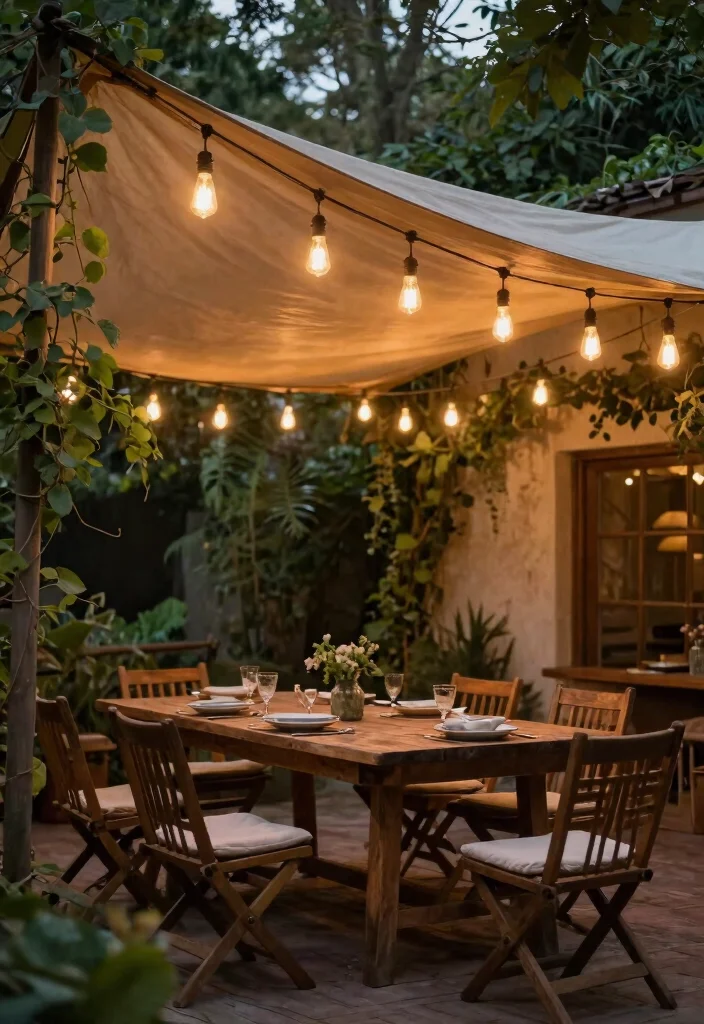 9 Genius Sun Sail Shade Ideas for Your Patio with Lights 4. Rustic Vibes with Edison Bulbs 0