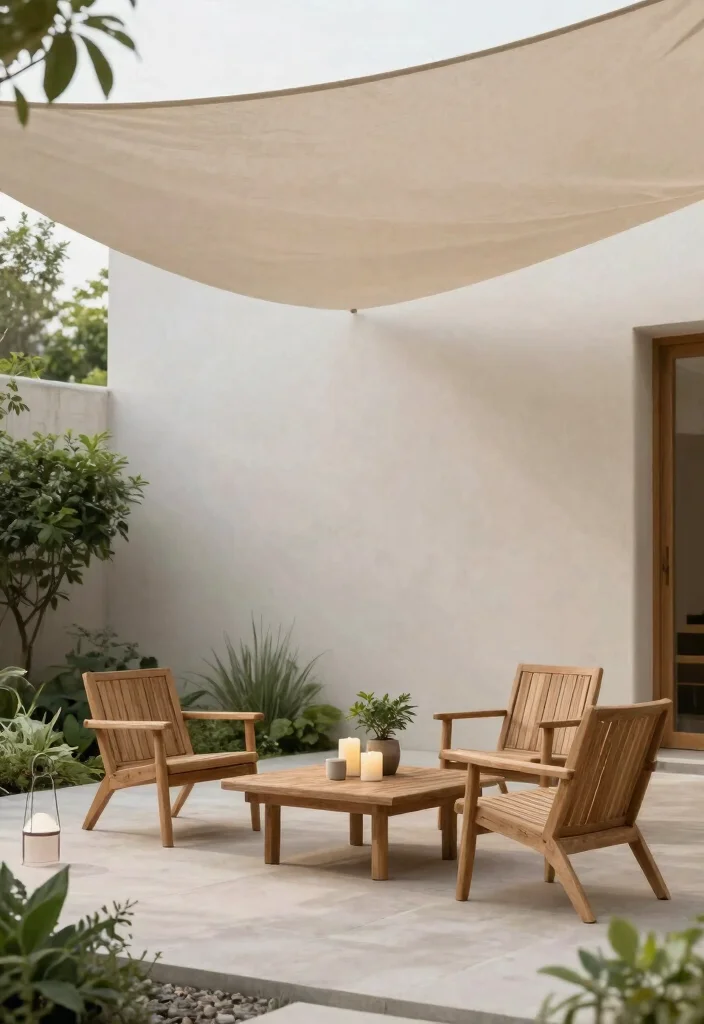 9 Genius Sun Sail Shade Ideas for Your Patio with Lights 6. Minimalist Shade with Natural Elements 0