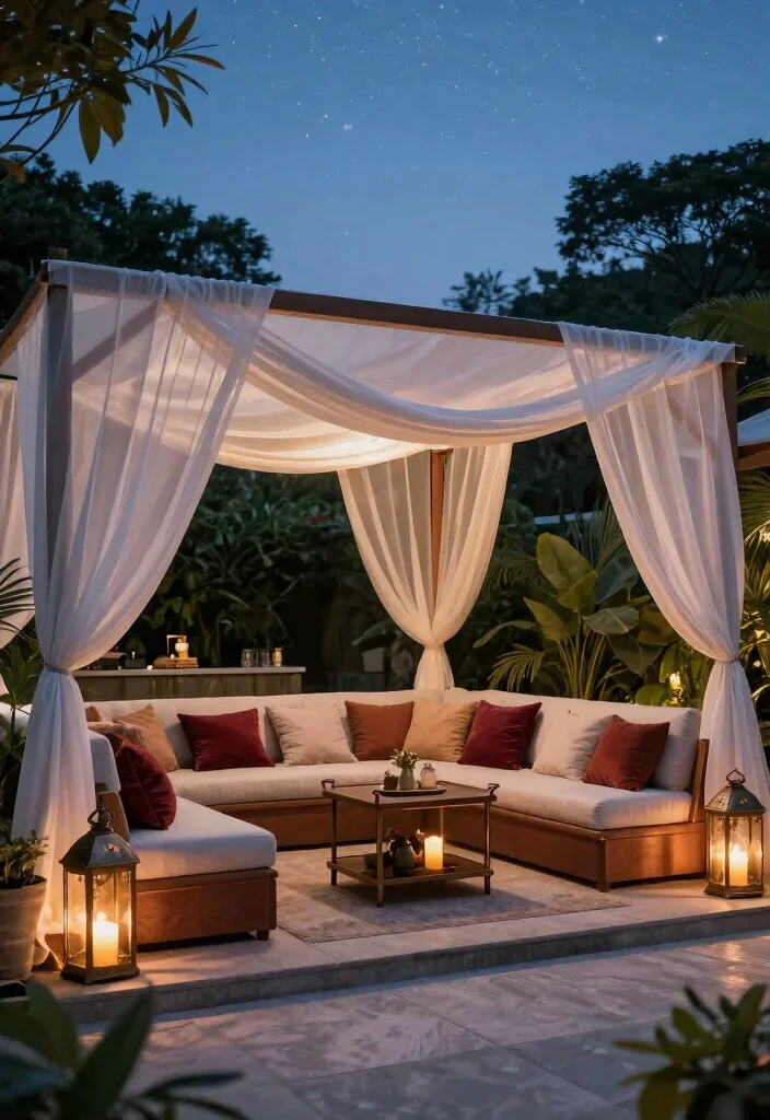 9 Genius Sun Sail Shade Ideas for Your Patio with Lights 8. Elegant Lounge for Evening Gatherings 0