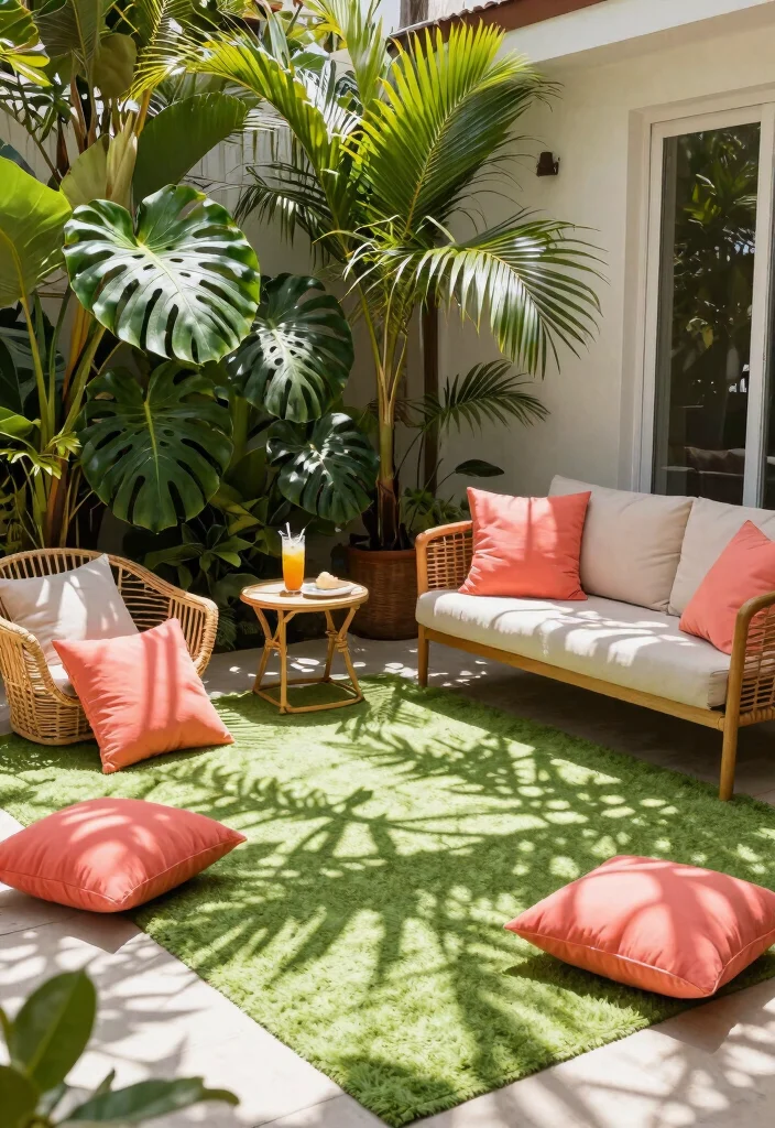 9 Perfect Outdoor Rug and Pillow Ideas for Color Coordinated Spaces 1 9 Perfect Outdoor Rug and Pillow Ideas for Color Coordinated Spaces 1. Tropical Vibes Bright Green Rug with Coral Accents 0