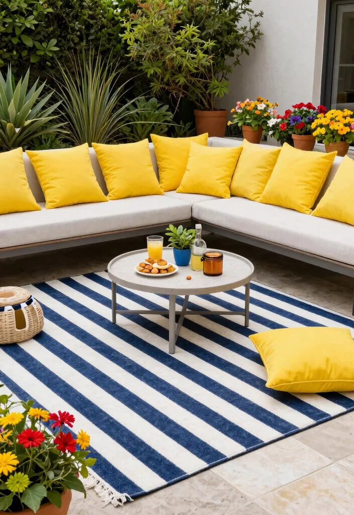 9 Perfect Outdoor Rug and Pillow Ideas for Color Coordinated Spaces 3 9 Perfect Outdoor Rug and Pillow Ideas for Color Coordinated Spaces 3. Bold Stripes Navy Blue Rug with Yellow Pillows 0