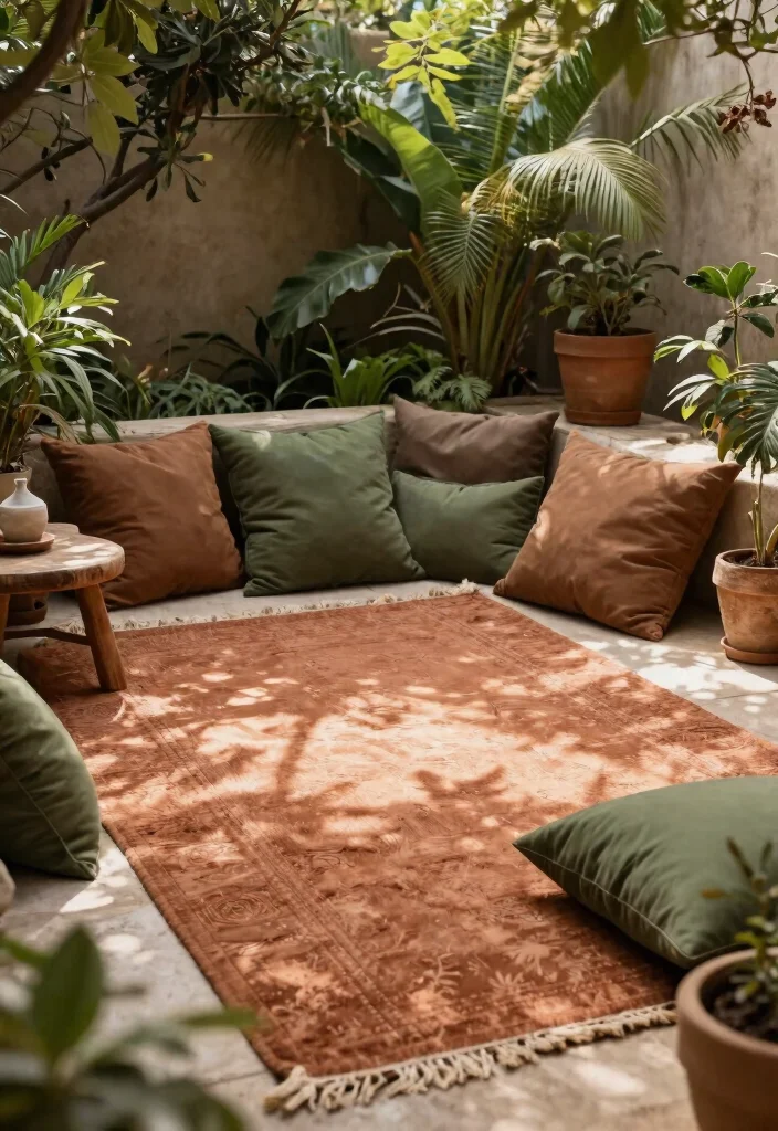 9 Perfect Outdoor Rug and Pillow Ideas for Color Coordinated Spaces 4 9 Perfect Outdoor Rug and Pillow Ideas for Color Coordinated Spaces 4. Earthy Tones Terracotta Rug with Olive Green and Brown Pillows 0