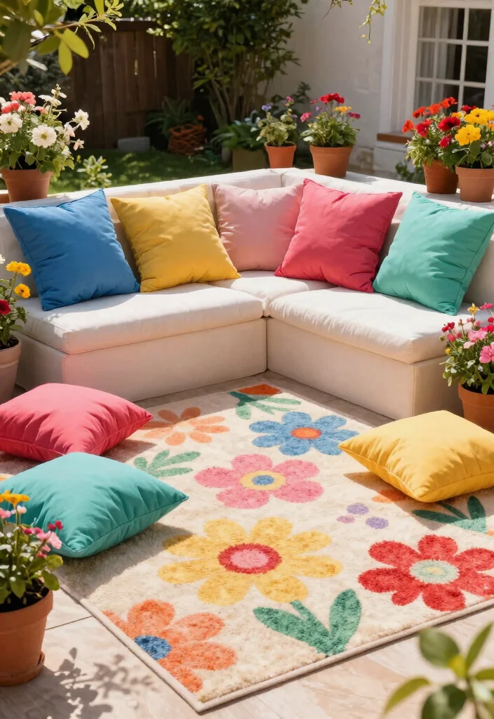 9 Perfect Outdoor Rug and Pillow Ideas for Color Coordinated Spaces 5 9 Perfect Outdoor Rug and Pillow Ideas for Color Coordinated Spaces 5. Playful Patterns Floral Rug with Solid Color Pillows 0