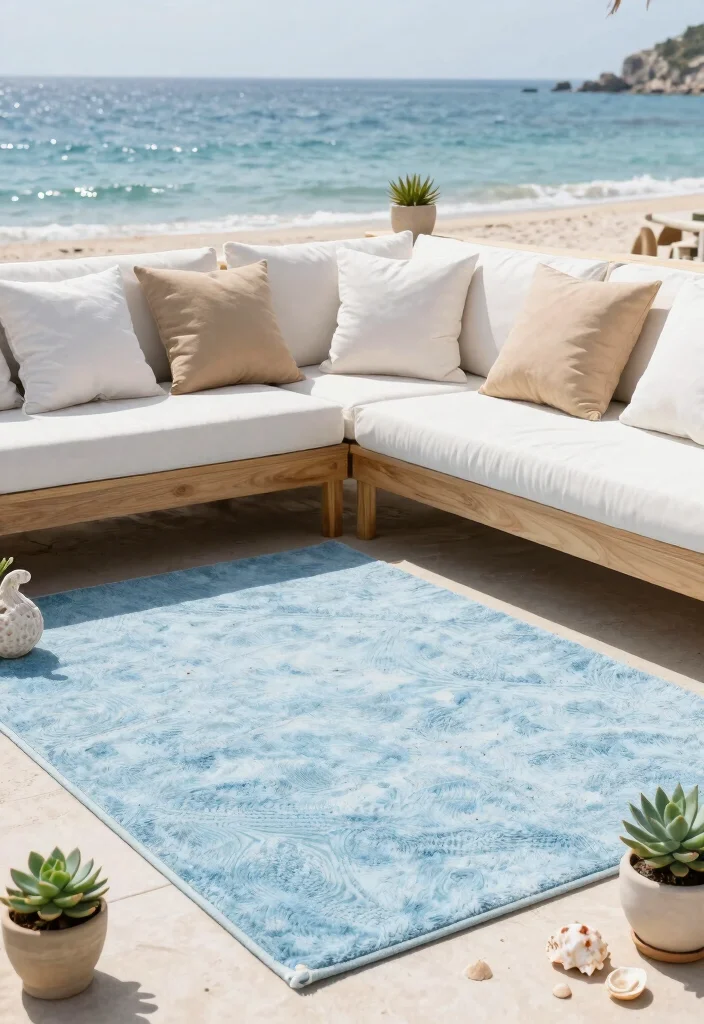 9 Perfect Outdoor Rug and Pillow Ideas for Color Coordinated Spaces 6 9 Perfect Outdoor Rug and Pillow Ideas for Color Coordinated Spaces 6. Coastal Charm Light Blue Rug with White and Sand Pillows 0