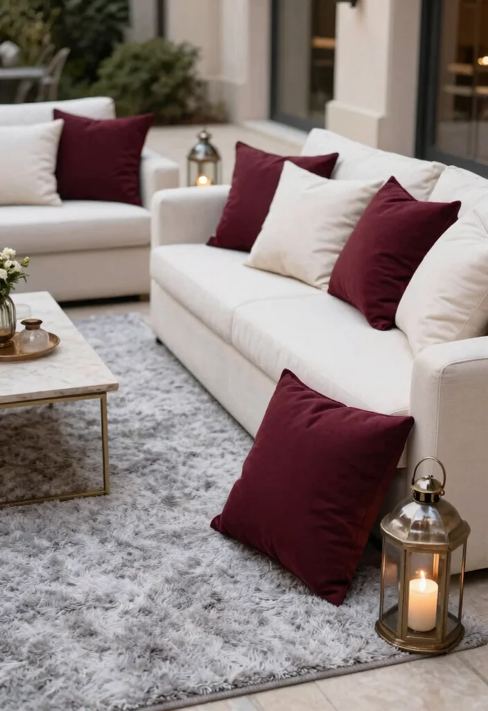 9 Perfect Outdoor Rug and Pillow Ideas for Color Coordinated Spaces 7 9 Perfect Outdoor Rug and Pillow Ideas for Color Coordinated Spaces 7. Rustic Elegance Grey Rug with Burgundy and Cream Pillows 0