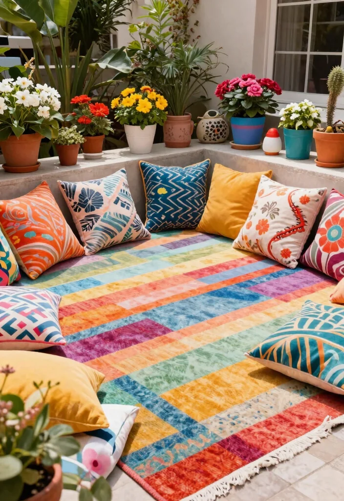 9 Perfect Outdoor Rug and Pillow Ideas for Color Coordinated Spaces 8 9 Perfect Outdoor Rug and Pillow Ideas for Color Coordinated Spaces 8. Whimsical Touch Multicolored Rug with Mix and Match Pillows 0