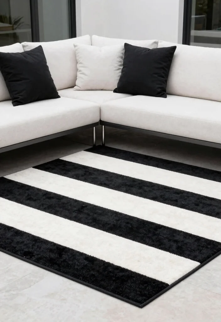 9 Perfect Outdoor Rug and Pillow Ideas for Color Coordinated Spaces 9 9 Perfect Outdoor Rug and Pillow Ideas for Color Coordinated Spaces 9. Modern Minimalism Black and White Rug with Simple Pillows 0