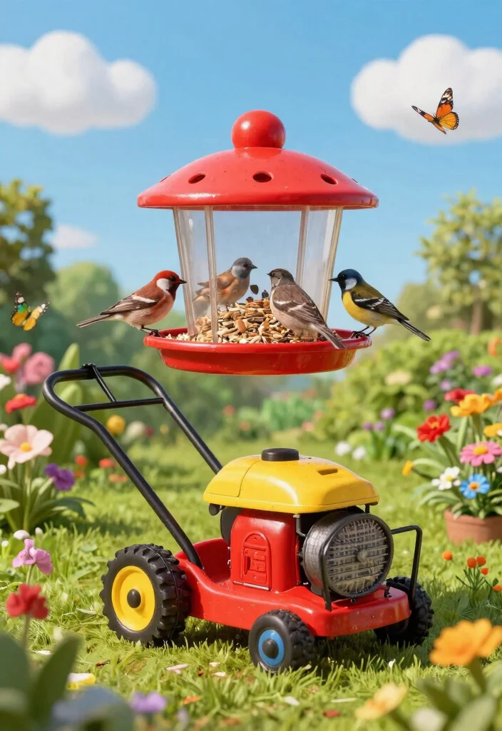 9 Unique Old Lawn Mower Ideas to Transform Your Garden 2. Whimsical Lawn Mower Bird Feeder 0