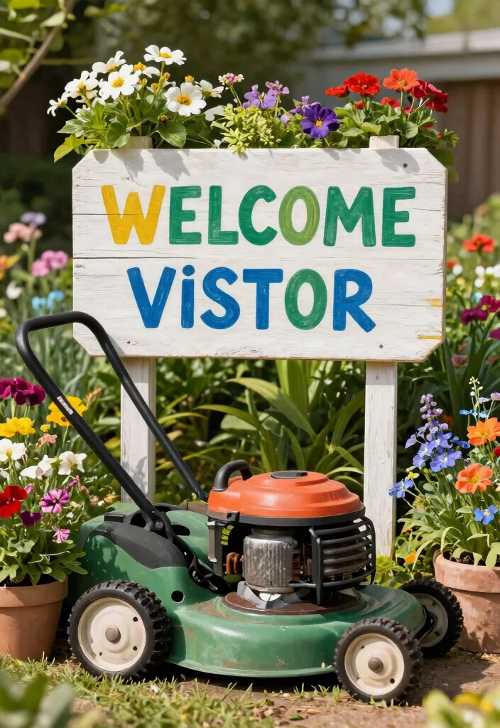 9 Unique Old Lawn Mower Ideas to Transform Your Garden 8. Lawn Mower Garden Sign 0
